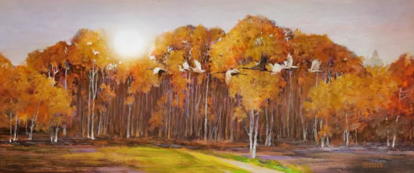 Cranes Dancing in the Autumn Forest